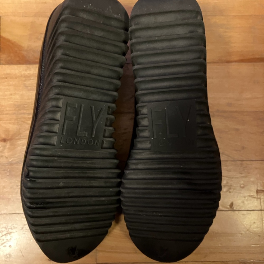 Fly London black leather wedge heeled ballerinas